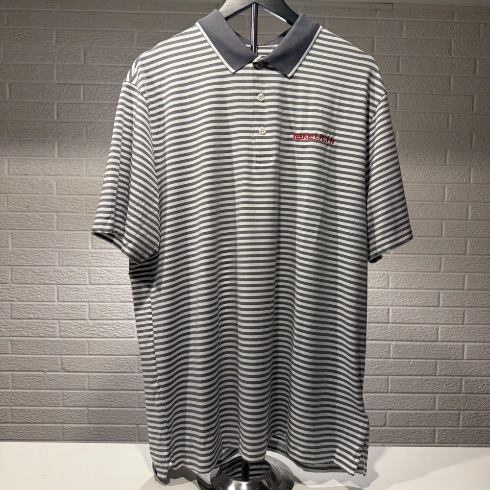 Puma Golf Polo Shirt Mens XL Grey White Stripe Short Sleeve Button Up Emboidered